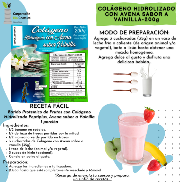 Colágeno Hidrolizado y Avena con Sabor a Vainilla 200g - Imagen 2