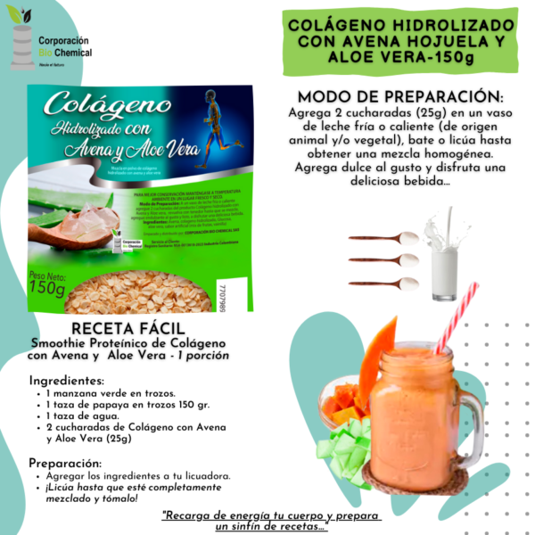 Colágeno Hidrolizado Bio chemical con Avena en Hojuelas y Aloe Vera 150g - Imagen 4