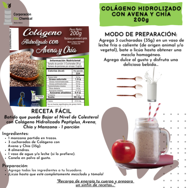 Colágeno Hidrolizado Bio chemical con Avena y chía 200g - Imagen 3
