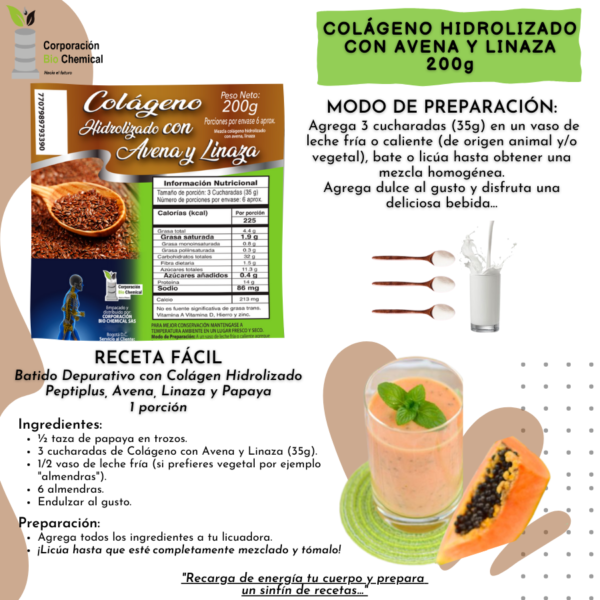 Colágeno Hidrolizado Bio chemical con Avena y Linaza 200g - Imagen 3
